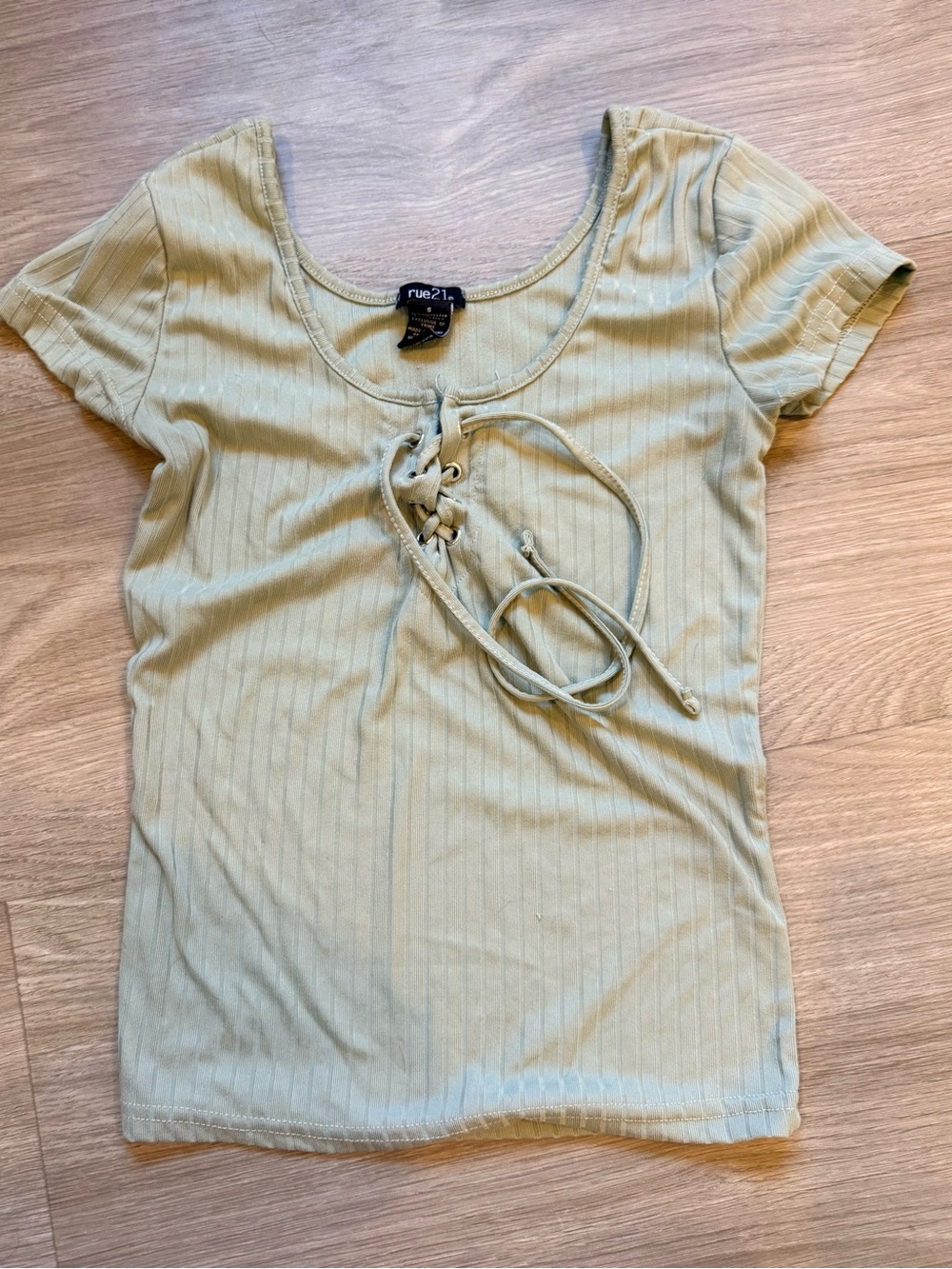 Rue21 Light Sage Green Ribbed Lace-Up Scoop Neck Tee